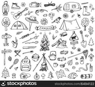 Set of doodle forest camping design elements. Hand drawn vector illustrations isolated on a white background.. Set of forest camping icons
