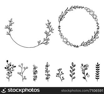 Set of doodle hand drawn vector design elements. Wreath, wild floral elements.