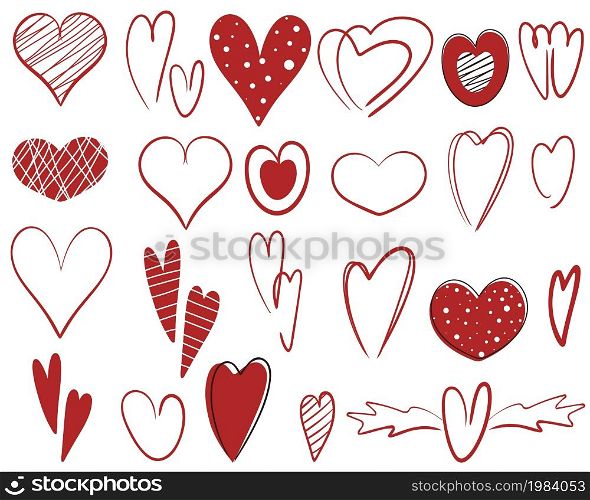 Set of doodle hearts, vector illustration. Collection of hearts, a symbol of love and romance. Recognition for the feast of St. valentine, hand drawing.. Set of doodle hearts, vector illustration.