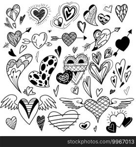 Set of doodle hearts with strokes and decoration. Hearts shape with wings and arrows. Love emotion. Valentine s day holiday. Vector scribble elements for cards, stickers, banners and your creativity. Set of doodle hearts with strokes and decoration. Hearts shape with wings and arrows. Love emotion. Valentine s day holiday. Vector scribble elements