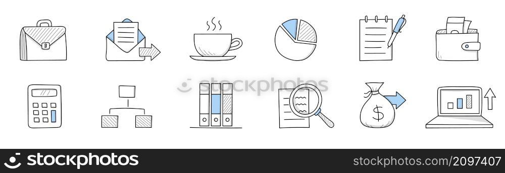 Set of doodle icons briefcase, envelope with mail, steaming cup, pie chart, notepad with pen, purse with money, calculator, scheme, files folders, magnifier business signs, Linear vector illustration. Set of doodle icons, linear vector business signs