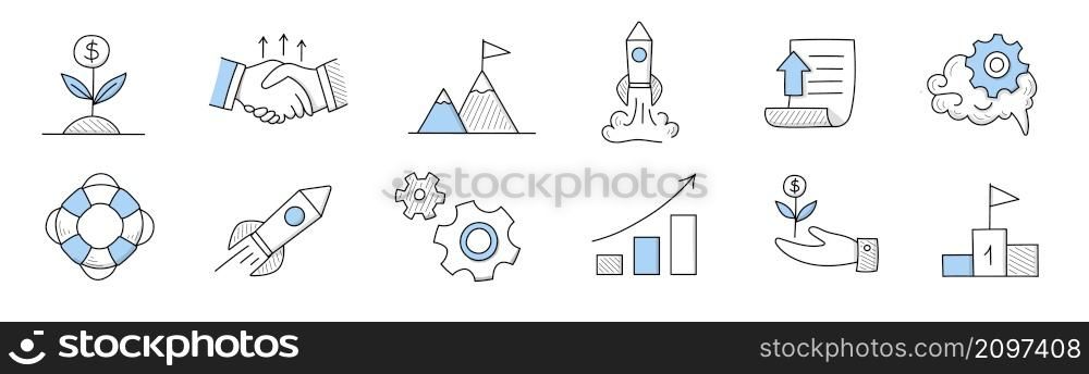 Set of doodle icons money plant, handshake, flag on rock peak, rocket startup launch, paper document, brain and gear. Lifebuoy, growing arrow graph, hand with seedling, Linear vector business signs. Set of doodle icons, linear vector business signs