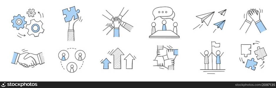 Set of doodle icons, outline business signs cogwheels, hand with puzzle piece, joined palms, negotiation, paper airplanes, high-five, handshake, raising arrows, success Linear vector illustration. Set of doodle icons, outline business symbols