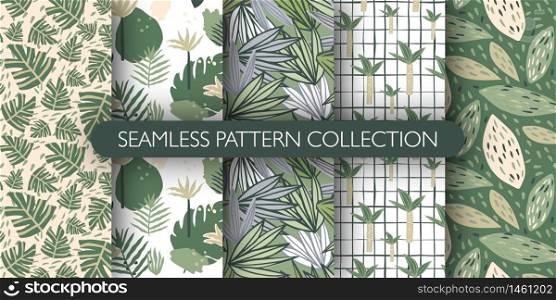 Set of doodle jungle exotic leaves seamless pattern. Cute tropical leaf endless wallpaper. Botanical vector illustration. Design for fabric, textile print, wrapping paper, fashion, interior, cover. Set of doodle jungle exotic leaves seamless pattern. Cute tropical leaf endless wallpaper. Botanical vector illustration