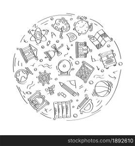 Set of doodle linear icons of education and School. Geography,globe,calculator,university,chemistry,bus,geometry. Linear vector set