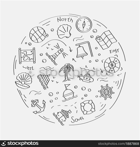 Set of doodle linear icons. Submarine, lifebuoy, buoy on waves, compass, map, shell, boat wheel, lighthouse, ship, anchor. Linear vector set