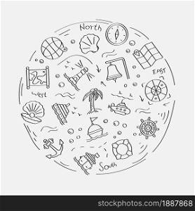 Set of doodle linear icons. Submarine, lifebuoy, buoy on waves, compass, map, shell, boat wheel, lighthouse, ship, anchor. Linear vector set
