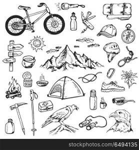 Set of doodle mountain camping design elements. Hand drawn vector illustrations isolated on a white background.. Set of mountain camping icons