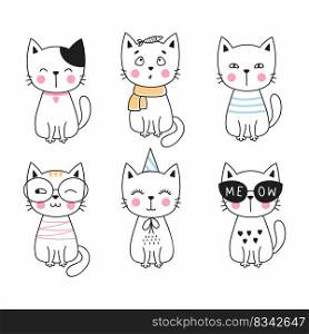 Set of doodle stickers. Funny kitten. Cute cat in cartoon style.
