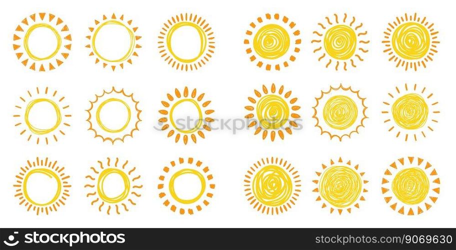 Set of doodle suns sketch, hand drawn style