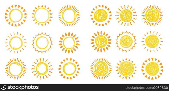 Set of doodle suns sketch, hand drawn style