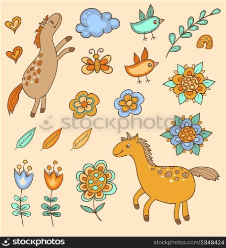 Set of doodle vector design elements, horses, flowers and birds