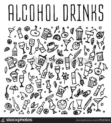 Set of doodles cocktails, hand drawn rough simple sketches of various kinds of cocktails and soft drinks cocktails. Vector freehand cocktails illustration. Hand drawn seamless logo with cocktails.. Set of various doodles cocktails and soft drinks