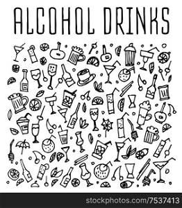 Set of doodles cocktails, hand drawn rough simple sketches of various kinds of cocktails and soft drinks cocktails. Vector freehand cocktails illustration. Hand drawn seamless logo with cocktails.. Set of various doodles cocktails and soft drinks