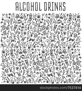 Set of doodles cocktails, hand drawn rough simple sketches of various kinds of cocktails and soft drinks cocktails. Vector freehand cocktails illustration. Hand drawn seamless pattern with cocktails.. Set of various doodles cocktails and soft drinks