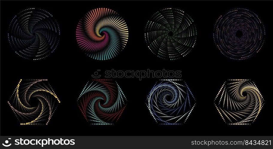 Set of dotted spiral vortex geometric elements isolated on black background. Vector graphic illustration