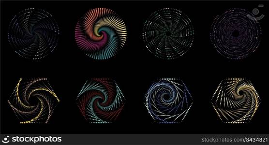 Set of dotted spiral vortex geometric elements isolated on black background. Vector graphic illustration