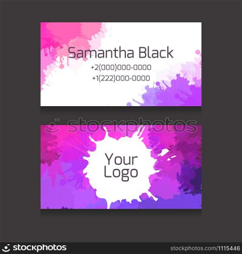 Set of double-sided business card with space for your text and logo with colorful watercolor splashes for your business