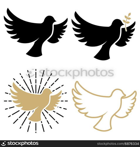 Set of dove icons. Pigeon with a laurel branch. Religious sign. Peace day. Design elements for logo, label, emblem ,sign. Vector illustration