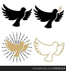 Set of dove icons. Pigeon with a laurel branch. Religious sign. Peace day. Design elements for logo, label, emblem ,sign. Vector illustration