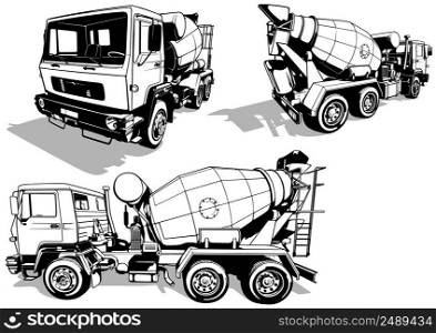 Set of Drawings with Concrete Mixer Truck from Different Views - Black Illustrations Isolated on White Background, Vector
