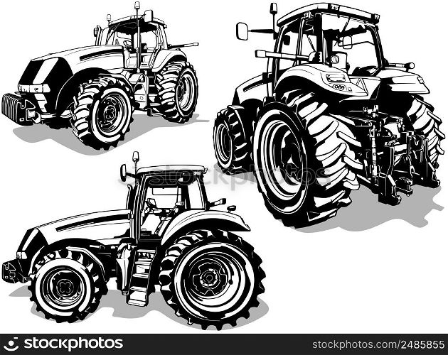 Set of Drawings with Farm Tractor from Different Views - Black Illustrations Isolated on White Background, Vector