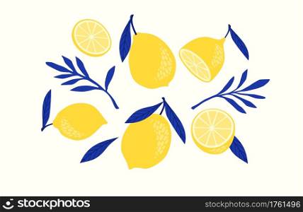 Set of drawn lemons. Citrus fruits, lemons, limes. Vector illustration. Isolated elements for design. Set of drawn lemons. Citrus fruits, lemons, limes. Vector illustration. Isolated elements