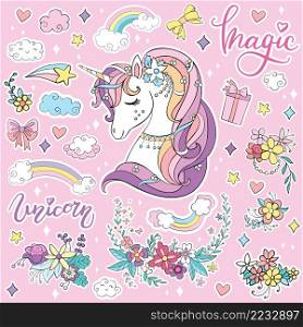 Set of dreaming cartoon unicorn, flowers, lettering and magic elements. Vector isolated illustration. For sticker pack, print, posters, design, decor, linen, dishes, t-shirt and kids apparel. Sticker pack cartoon unicorn vector illustration pink