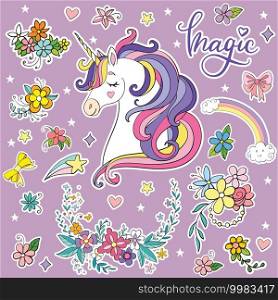 Set of dreaming cartoon unicorn with magic elements. Vector isolated illustration. For postcard, posters, nursery design, greeting card, stickers, room decor, t-shirt, kids apparel, invitation,book. Set of dreaming cartoon unicorn vector illustration
