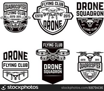 Set of drone flying club emblems templates. Design elements for logo, label, emblem, sign. Vector illustration