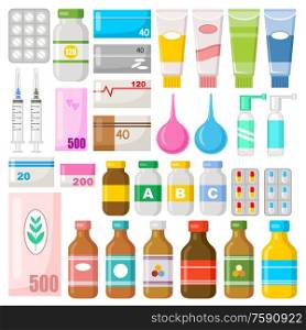 Set of drugs.Vitamins, medicines, pills, ointments.Vector flat illustration