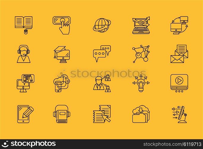 Set of e-learning thin, lines, outline, strokes icons. Elements of the process of communication in e-education student, teacher computer on yellow background. For web and mobile applications