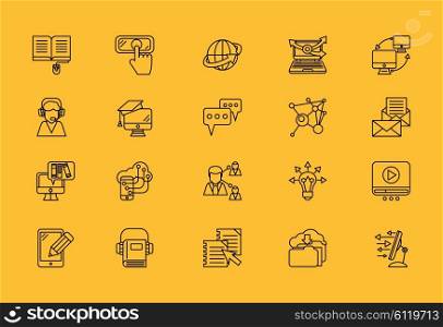 Set of e-learning thin, lines, outline, strokes icons. Elements of the process of communication in e-education student, teacher computer on yellow background. For web and mobile applications