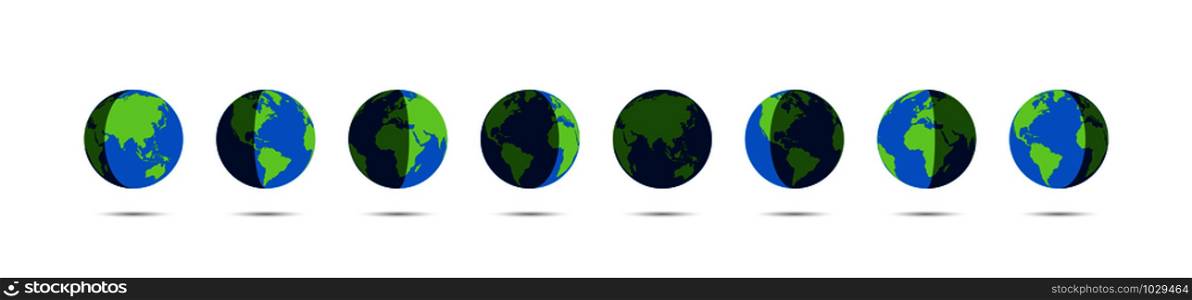 Set of Earth globe icons in day and night. Earth globe vector icons with shadow, isolated on white background. World maps in modern simple flat design. Planeta Earth icon. Globes symbol. World map isolated. Eps10
