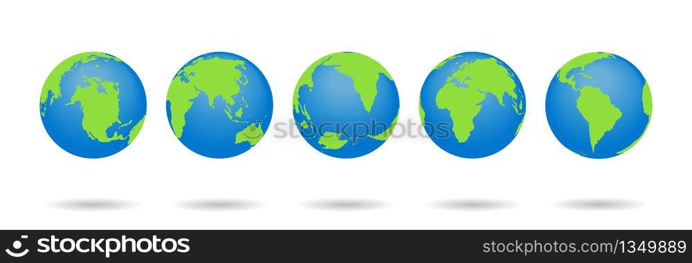 Set of Earth globes. World maps isolated on white background. 3d globus icons. World symbol with blue, green color. Continents and oceans for travel, web, apps. Graphic planets. Geography logo. Vector. Set of Earth globes. World maps isolated on white background. 3d globus icons. World symbol with blue, green color. Continents and oceans for travel, web, app. Graphic planets. Geography logo. Vector