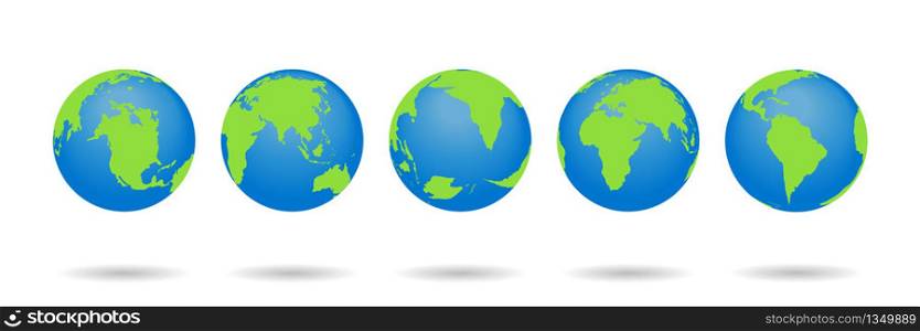 Set of Earth globes. World maps isolated on white background. 3d globus icons. World symbol with blue, green color. Continents and oceans for travel, web, apps. Graphic planets. Geography logo. Vector. Set of Earth globes. World maps isolated on white background. 3d globus icons. World symbol with blue, green color. Continents and oceans for travel, web, app. Graphic planets. Geography logo. Vector