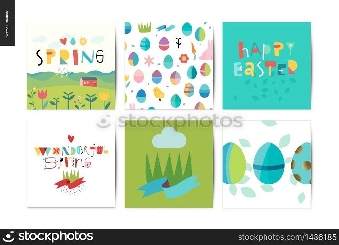 Set of Easter and Spring postcards - 6 postcards with traditional elements. Set of Easter and Spring postcards
