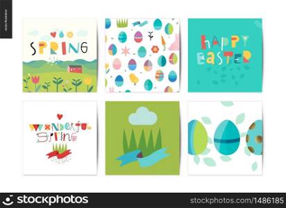 Set of Easter and Spring postcards - 6 postcards with traditional elements. Set of Easter and Spring postcards