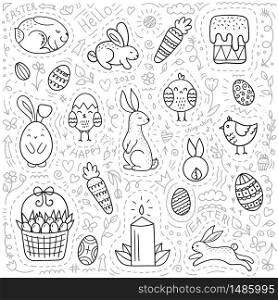 Set of Easter Doodle elements.Cute holiday objects on a white background.Rabbit, chicken, decorated eggs, carrots, basket.Spring holiday.Vector illustration