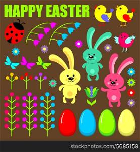Set of easter eggs,animals and flowers. Vector illustration