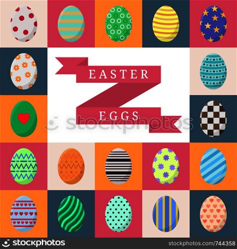 Set of Easter Eggs. Different Colorful Eggs with Stripes, Dots, Hearts and Patterns in White, Pink, Orange and Grey Squares. For Greeting Cards, Invitations. Vector illustration in Flat Design.