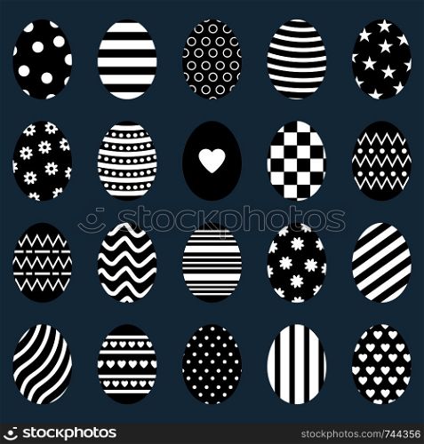Set of Easter Eggs. Different Egg Silhouettes with Stripes, Dots, Hearts and Patterns. For Greeting Cards, Invitations. Vector illustration.