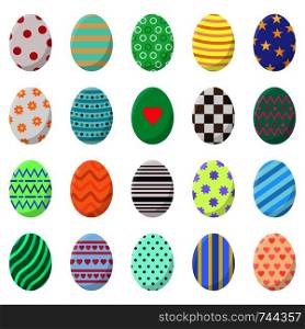 Set of Easter Eggs isolated on white background. Different Colorful Eggs with Stripes, Dots, Hearts and Patterns. Perfect For Greeting Cards, Invitations. Vector illustration in Flat Design.