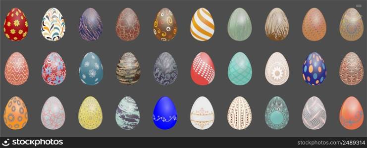 set of easter eggs with different textures on white background, vintage easter eggs, vector illustration