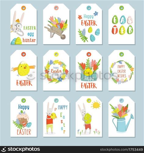 Set of Easter gift tags and labels with cute cartoon characters and type design . Easter greetings with bunny, chickens, eggs and flowers. Cute design. Spring mood. Vector illustration.