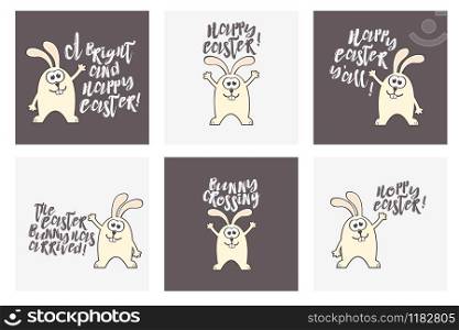 Set of Easter patterns and greeting cards with rabbit and text. Inscriptions - A bright and happy Easter. Happy Easter. Happy Easter you all. The Easter bunny has arrived. Bunny crossing. Hoppy Easter.. Set of Easter patterns and greeting cards with rabbit and text