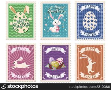 Set of Easter postal st&s, bunnies, eggs, retro graphic. Vintage collection, vector isolated. Set of Easter postal st&s, bunnies, eggs, retro graphic. Vintage collection