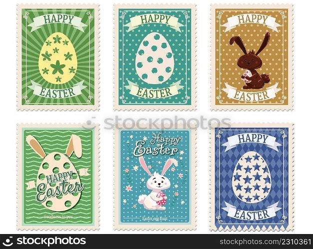 Set of Easter postal st&s, bunnies, eggs, retro graphic. Vintage collection, vector isolated. Set of Easter postal st&s, bunnies, eggs, retro graphic. Vintage collection
