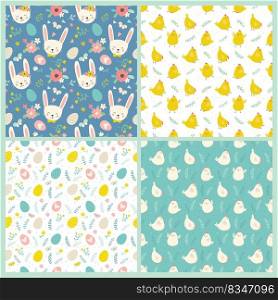 Set of Easter seamless patterns. Cute Easter bunnies, chicks, flowers and easter eggs in cartoon style. Colorful vector illustration in simple style for wrapping paper, fabric, etc.. Set of Easter seamless patterns. Cute Easter bunnies, chicks, flowers and easter eggs in cartoon style.