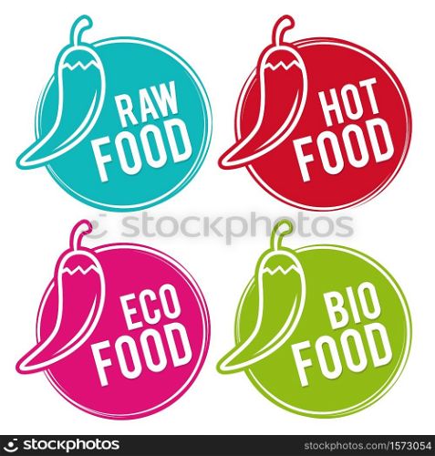 Set of Eco food Badges. Raw, Hot, Eco and Bio Food. Vector hand drawn Signs. Can be used for packaging Design.